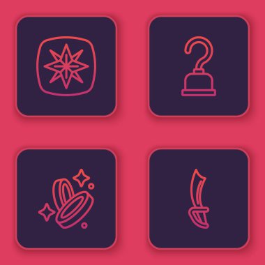 Set line Wind rose, Pirate coin, hook and sword. Blue square button. Vector.