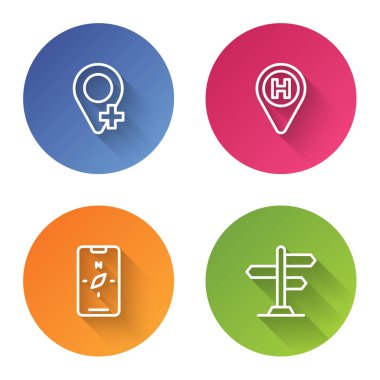 Set line Location, Helicopter landing pad, Compass mobile and Road traffic sign. Color circle button. Vector.