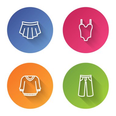 Set line Skirt Swimsuit Sweater and Pants. Color circle button. Vector.