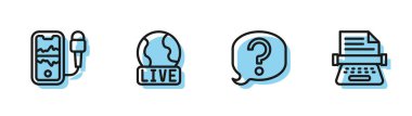 Set line Speech bubble chat Mobile recording Live report and Retro typewriter icon. Vector.
