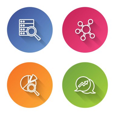 Set line Server Project team base Search data analysis and Financial growth. Color circle button. Vector.