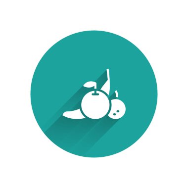 White Fruit icon isolated with long shadow. Green circle button. Vector.