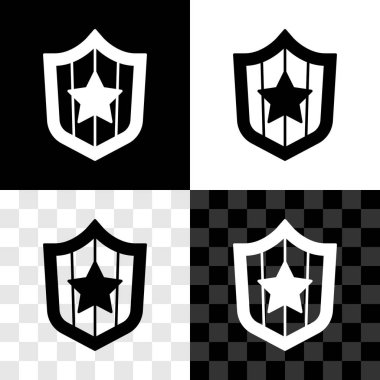 Siyah beyaz, şeffaf arkaplanda izole edilmiş yıldız ve şerit simgesine sahip kalkanları ayarlayın. Amerika Birleşik Devletleri bayrağı. 4 Temmuz. ABD Bağımsızlık Günü. Vektör