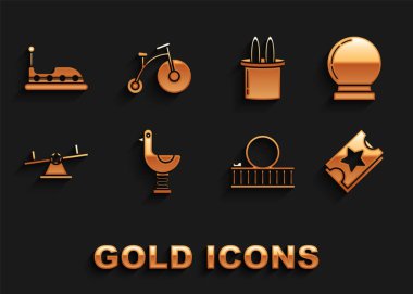 Set Riding kid duck, Magic ball, Ticket, Roller coaster, Seesaw, Magician hat and rabbit ears, Bumper car and Vintage bicycle with one big wheel one small icon. Vector