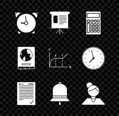 Set Alarm clock, schedule, chart, diagram, infographic, pie graph, Calculator, Exam sheet check mark, Ringing bell, Teacher, World map school blackboard and Pie icon. Vector