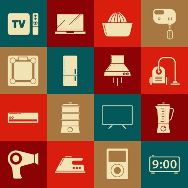 Set Digital alarm clock, Blender, Vacuum cleaner, Citrus fruit juicer, Refrigerator, Bathroom scales, TV box receiver and player with remote controller and Kitchen extractor fan icon. Vector