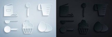 Set Cupcake Measuring cup spoon Chicken egg Pizza knife and Flour pack icon. Vector.
