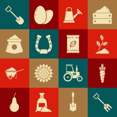 Set Garden rake, Carrot, Sprout, Watering can, Horseshoe, Bag of flour, Shovel and A pack full seeds specific plant icon. Vector