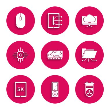 Set RAM, random access memory, Music player, Video graphic card, Folder lock, Tablet with text 5k, Processor, Computer monitor screen and mouse icon. Vector