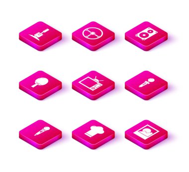 Set Microphone, Chef hat, Racket for playing table tennis, Television, Photo frames, Joystick arcade machine, Stereo speaker and Steering wheel icon. Vector