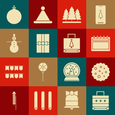 Set Christmas paper shopping bag, Cookie or biscuit with chocolate, Calendar, trees, Gift box, snowman, ball and  icon. Vector