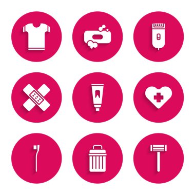 Set Tube of toothpaste, Trash can, Shaving razor, Heart with cross, Toothbrush, Crossed bandage plaster, Electrical hair clipper shaver and T-shirt icon. Vector