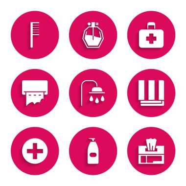 Set Shower head, Bottle of liquid antibacterial soap, Wet wipe pack, Towel stack, Cross hospital medical, Paper towel dispenser on wall, First aid kit and Hairbrush icon. Vector