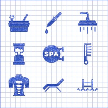 Set Spa salon, Sunbed and umbrella, Swimming pool with ladder, Hairbrush, Massage stone therapy, Old hourglass, Shower head and Sauna bucket ladle icon. Vector