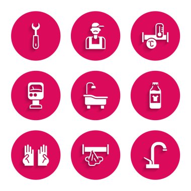 Set Bathtub, Broken pipe, Water tap, Bottle for cleaning agent, Rubber gloves, Pressure water meter, Industry metallic and Wrench spanner icon. Vector