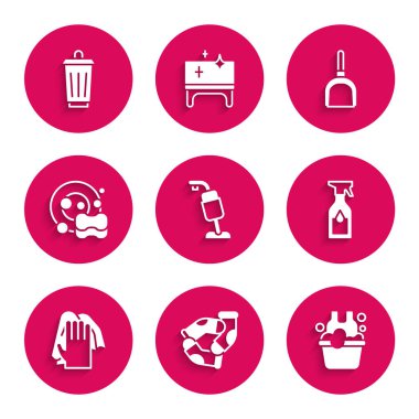 Set Vacuum cleaner, Socks, Basin with soap suds, Cleaning spray bottle, service, Washing dishes, Dustpan and Trash can icon. Vector