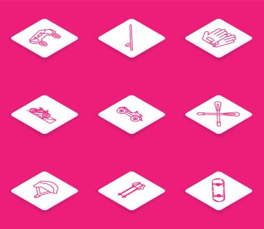 Set line Knee pads, Surfboard, Gloves, Bicycle on street ramp, All Terrain Vehicle or ATV motorcycle, Crossed paddle, helmet and Ski poles icon. Vector
