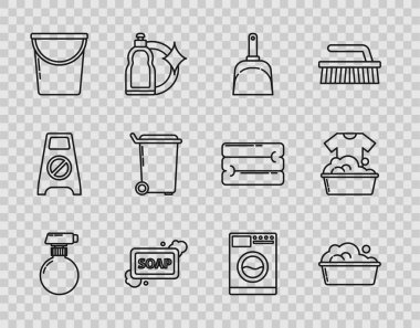 Set line , Plastic basin with soap suds, Dustpan, Bar of foam, Bucket, Trash can, Washer and  icon. Vector