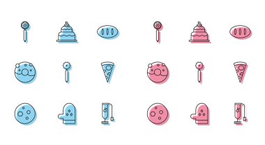 Set line Cookie or biscuit with chocolate, Oven glove, Strainer spoon, Blender, Pizza knife, Slice of pizza, Donut sweet glaze and Cake icon. Vector