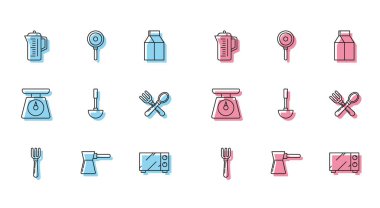 Set line Fork, Coffee turk, Teapot, Microwave oven, Kitchen ladle, Crossed fork and spoon, Scales and Frying pan icon. Vector
