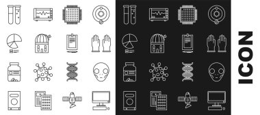 Set line Computer monitor with keyboard and mouse, Rubber gloves, Processor, Astronomical observatory, Pie chart infographic, Test tube flask chemical laboratory and Clipboard document icon. Vector