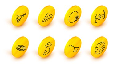 Set line Planet, Great Bear constellation, UFO flying spaceship, Cosmic,  and Ray gun icon. Vector