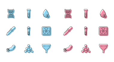 Set line Bacteria, DNA symbol, Funnel or filter, Test tube and flask chemical, Radioactive, Pipette and  icon. Vector