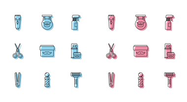 Set line Curling iron for hair, Classic Barber shop pole, Electrical clipper shaver, Shaving razor, Cream lotion cosmetic jar, gel foam, Scissors hairdresser and Barbershop icon. Vector