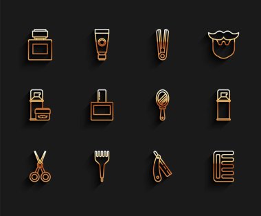 Set line Scissors hairdresser, Hairbrush, Aftershave, Straight razor, Shaving gel foam and Hand mirror icon. Vector