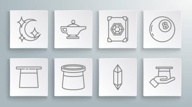 Set line Magician hat, lamp or Aladdin, stone, hand, Ancient magic book, ball of predictions and Moon stars icon. Vector