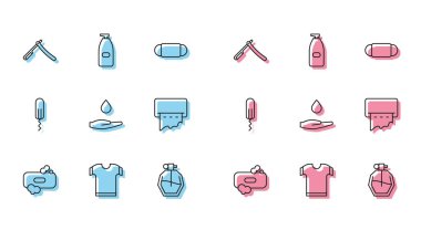 Set line Bar of soap, T-shirt, Straight razor, Perfume, Washing hands with, Paper towel dispenser on wall, Sanitary tampon and Bottle liquid antibacterial icon. Vector
