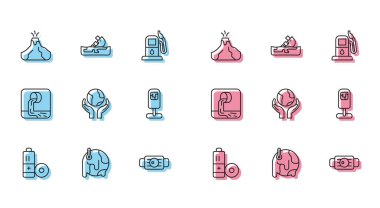 Set line Battery, Global warming, Volcano eruption with lava, Medical protective mask, Hands holding Earth globe, Trash, Wastewater and Wrecked oil tanker ship icon. Vector
