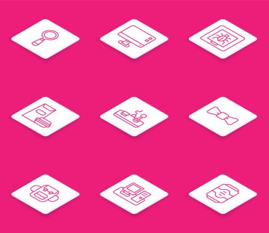 Set line Magnifying glass, Computer monitor screen, Insects frame, Burger, Gamepad, Bow tie, School backpack and Monitor with keyboard icon. Vector