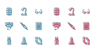 Set line Pants with suspenders, Rocket ship, Energy drink, Socks, Audio jack, Calculator, Virtual reality glasses and Table lamp icon. Vector