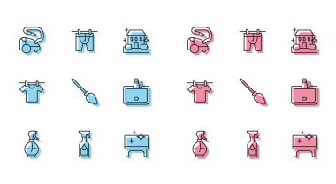 Set line Water spray bottle, Cleaning, Vacuum cleaner, table, Handle broom, Washbasin, Drying clothes and  icon. Vector