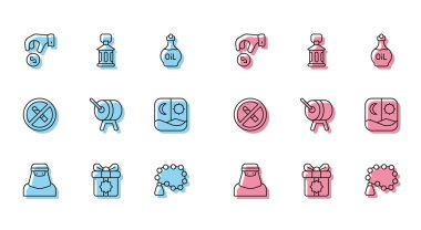 Set line Muslim woman in niqab, Gift box, Donate or pay your zakat, Rosary beads religion, Ramadan drum, fasting, No Smoking and Kareem lantern icon. Vector