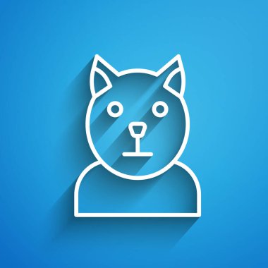 White line Cat icon isolated on blue background. Animal symbol. Long shadow. Vector.