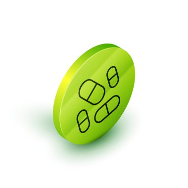 Isometric line Vitamin complex of pill capsule icon isolated on white background. Healthy lifestyle. Green circle button. Vector.