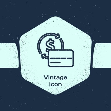 Grunge hattı kredi kartı simgesi mavi arkaplanda izole edildi. Çevrimiçi ödeme. Nakit çekilmesi. Finansal operasyonlar. Alışveriş tabelası. Tek renkli klasik çizim. Vektör.