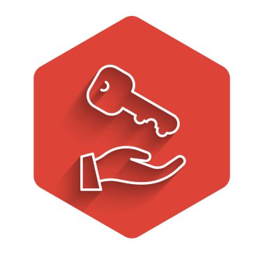 White line House key icon isolated with long shadow background. Red hexagon button. Vector