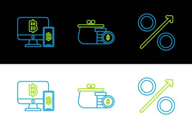Set line Percent up arrow, Computer monitor with mobile phone and bitcoin and Wallet coins icon. Vector