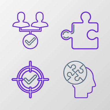 Set line Human head puzzles strategy, Target and check mark, Piece of and Project team base icon. Vector