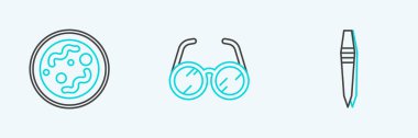Set line Tweezers, Bacteria and Laboratory glasses icon. Vector