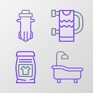 Set line Bathtub, Laundry detergent, Heated towel rail and Water filter icon. Vector