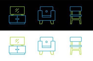 Set line Chair, TV table stand and Armchair icon. Vector