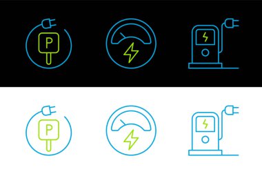 Set line Electric car charging station, Charging parking electric and Voltmeter icon. Vector