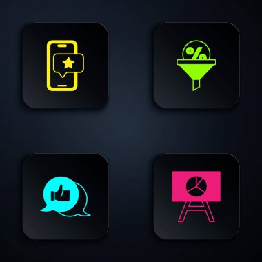 Set Board with graph chart, Mobile review rating, Customer product and Lead management. Black square button. Vector