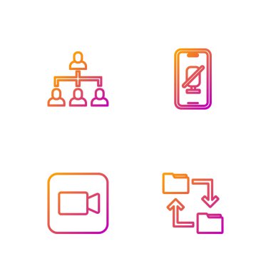 Set line Cloud storage document folder, Camera, Hierarchy organogram chart and Mute microphone on mobile. Gradient color icons. Vector