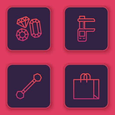 Set line Gem stone, Piercing, Calliper or caliper and scale and Shopping bag jewelry. Blue square button. Vector