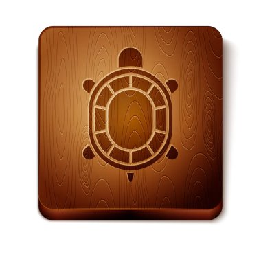 Brown Turtle icon isolated on white background. Wooden square button. Vector.